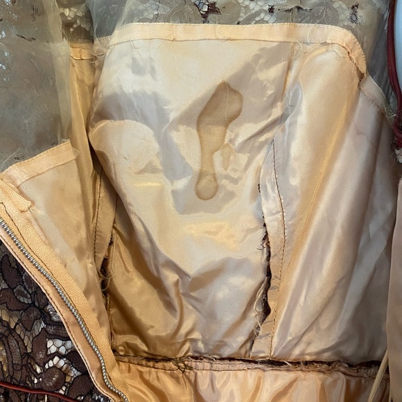 Vintage 50s Dress Lace Brown Illusion Neckline Party Cocktail As-Is XS Fit Flare - Picture 5 of 7